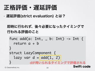 正格評価・遅延評価
33Ⓒ Classmethod, Inc.
• 遅延評価(strict evaluation) とは？
 即時に行われず、後々必要になったタイミングで
 行われる評価のこと
func add(a: Int, _ b: Int) -> Int {
return a + b
}
struct LazyComponent {
lazy var d = add(1, 2)
} dが用いられるタイミングで評価される
Swift code
 