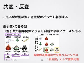共変・反変
78Ⓒ Classmethod, Inc.
• ある型が別の型の派生型かどうかを判別する
型引数xのある型 
→型引数の継承関係でうまく判断できないケースがある
TS
有機物消費者は竹を食べるパンダの
「派生型」として置換可能
 