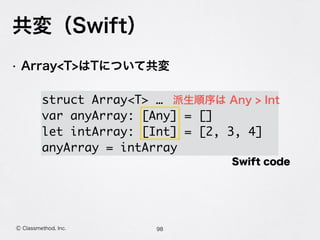 共変（Swift）
98Ⓒ Classmethod, Inc.
• Array<T>はTについて共変
  struct Array<T> …
var anyArray: [Any] = []
let intArray: [Int] = [2, 3, 4]
anyArray = intArray
Swift code
派生順序は Any > Int
 
