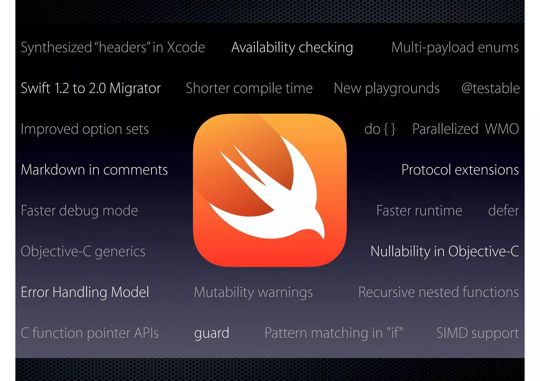 Improved option sets Markdown in comments Objective-C generics Nullability in Objective-C Faster debug mode C function pointer APIs Parallelized WMO guard defer do { } Synthesized“headers”in Xcode SIMD supportPattern matching in "if" Swift 1.2 to 2.0 Migrator @testable Protocol extensions Availability checking Error Handling Model Multi-payload enums Recursive nested functions Faster runtime Shorter compile time New playgrounds Mutability warnings 