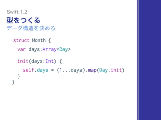 struct Month {
var days:Array<Day>
init(days:Int) {
self.days = (1...days).map(Day.init)
}
}
型をつくる
データ構造を決める
Swift 1.2
 