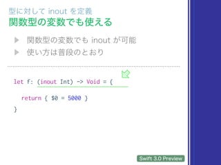 let f: (inout Int) -> Void = {
return { $0 = 5000 }
}
 