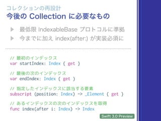 // 最初のインデックス
var startIndex: Index { get }
// 最後の次のインデックス
var endIndex: Index { get }
// 指定したインデックスに該当する要素
subscript (position: Index) -> _Element { get }
// あるインデックスの次のインデックスを取得
func index(after i: Index) -> Index
 