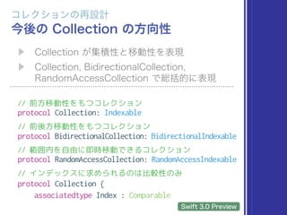 // 前方移動性をもつコレクション
protocol Collection: Indexable
// 前後方移動性をもつコレクション
protocol BidirectionalCollection: BidirectionalIndexable
// 範囲内を自由に即時移動できるコレクション
protocol RandomAccessCollection: RandomAccessIndexable
// インデックスに求められるのは比較性のみ
protocol Collection {
associatedtype Index : Comparable
 
