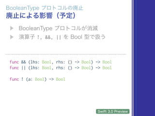 !, &&, ||
func && (lhs: Bool, rhs: () -> Bool) -> Bool
func || (lhs: Bool, rhs: () -> Bool) -> Bool
func ! (a: Bool) -> Bool
 