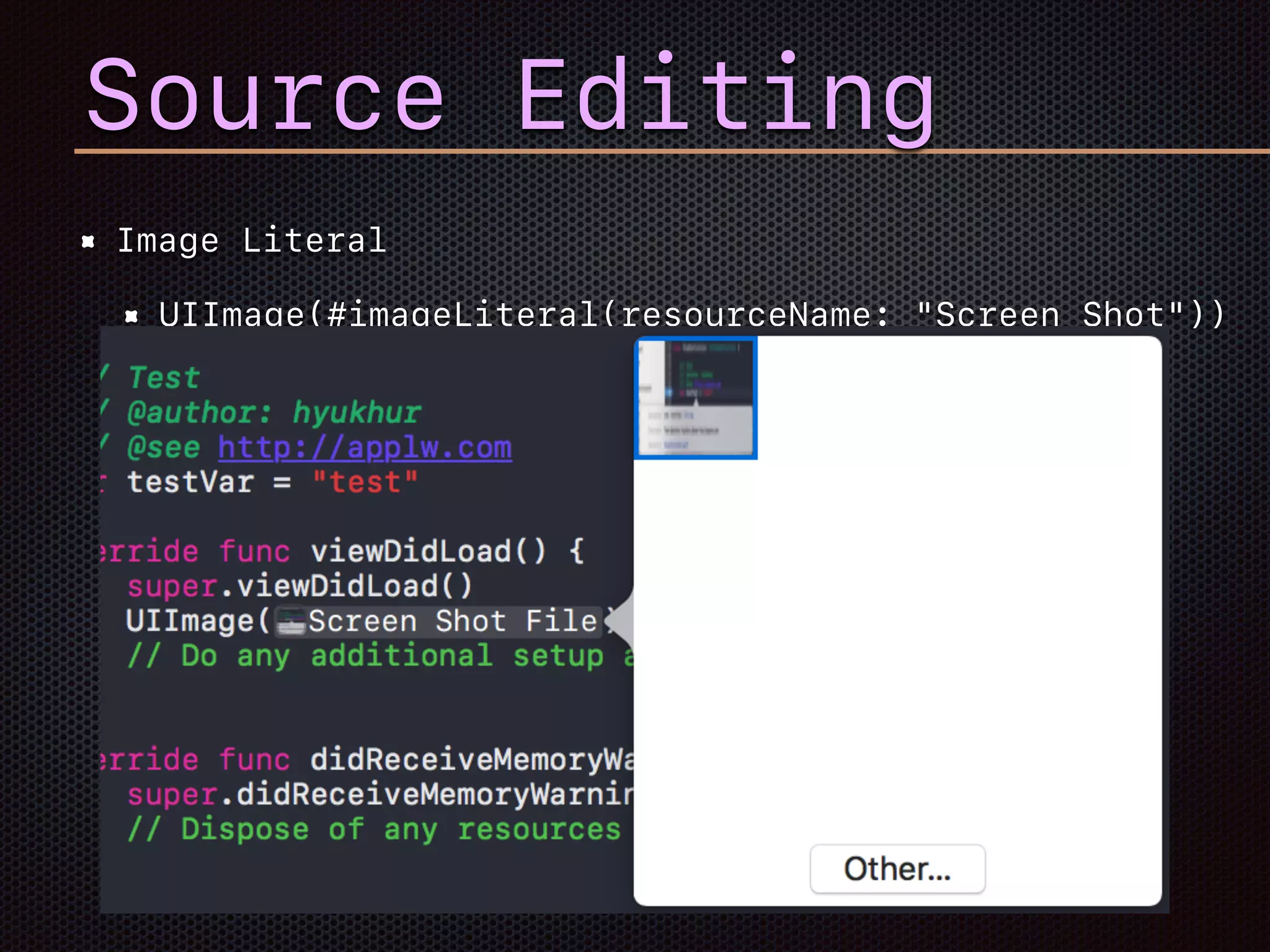 Image Literal
UIImage(#imageLiteral(resourceName: "Screen Shot"))
Source Editing
 