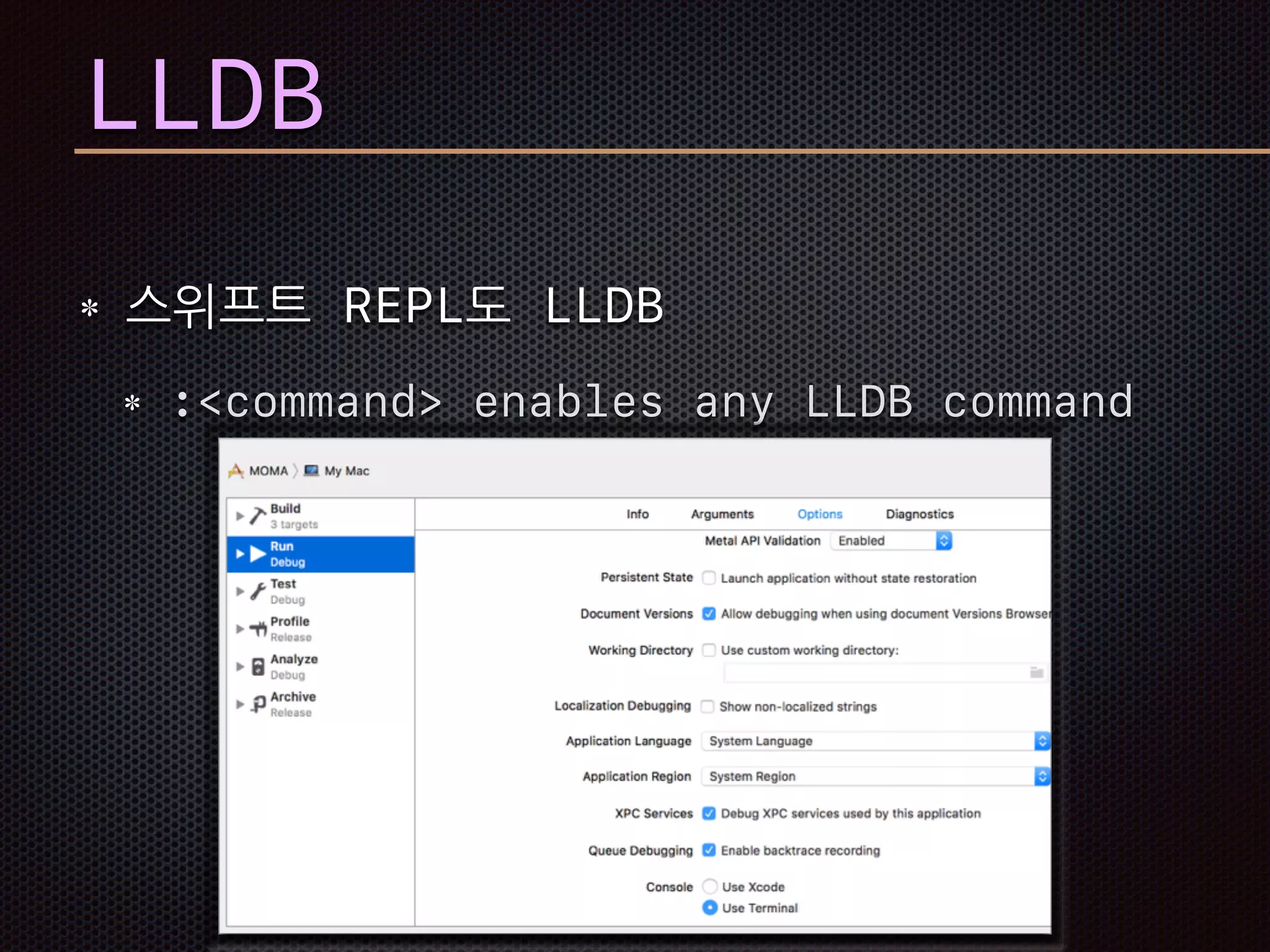LLDB
스위프트 REPL도 LLDB
:<command> enables any LLDB command
 
