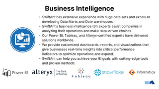 • SwiftAnt has extensive experience with huge data sets and excels at
developing Data Marts and Date warehouses.
• SwiftAnt's business intelligence (BI) experts assist companies in
analyzing their operations and make data-driven choices.
• Our Power BI, Tableau, and Alteryx-certified experts have delivered
solutions worldwide.
• We provide customized dashboards, reports, and visualizations that
give businesses real-time insights into critical performance
indicators to optimize operations and expand.
• SwiftAnt can help you achieve your BI goals with cutting-edge tools
and proven methods.
Business Intelligence
 