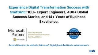 Experience Digital Transformation Success with
SwiftAnt:: 160+ Expert Engineers, 400+ Global
Success Stories, and 14+ Years of Business
Excellence.
Several times on its website, Microsoft highlighted SwiftAnt's achievements.
 