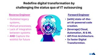 Redefine digital transformation by
challenging the status quo of IT outsourcing
Reverse Engineer
• Outdated legacy
systems,
• Manual processes,
• Lack of integration
between systems
• AND Capture the
wishlist for future
Forward Engineer
• [with] state-of-the-
art AI-powered code
creation.
• [leverage] Cloud,
Automation, AI & ML
• API First Architecture.
• 5x faster Digital
Transformtion.
 