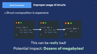 38
Swift Overhead Improperusage ofstructs
•Struct composition is expensive
This can be really bad!
Potential impact: Dozens of megabytes!
 