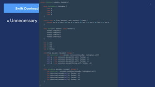 45
Swift Overhead Unused code
•Unnecessary Dynamic Dispatching
 