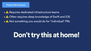 50
•⚠ Requires dedicated infrastructure teams
•⚠ Often requires deep knowledge of Swift and iOS
•⚠ Not something you would do for “individual" PRs
Don’ttrythis at home!
Project/OS Overhead
 