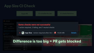 16
App Size CI Check
Push PR CI compiles the app CI checks the binary
Difference is too big = PR gets blocked
 