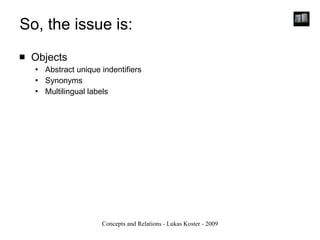 So, the issue is: Objects Abstract unique indentifiers Synonyms Multilingual labels 