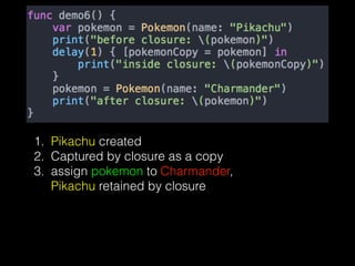 1. Pikachu created
2. Captured by closure as a copy
3. assign pokemon to Charmander,  
Pikachu retained by closure
 