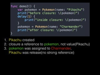 1. Pikachu created
2. closure a reference to pokemon, not value(Pikachu)
3. pokemon was assigned to Charmander,  
Pikachu was release(no strong reference)
 