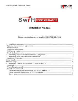 SwiftConfigurator – Installation Manual

Installation Manual

This document explains how to install SWIFTCONFIGURATOR.

1)

Installation requirements.............................................................................................................................. 2
Operating system minimum requirements ....................................................................................................... 2
Database version .............................................................................................................................................. 2
Application server version ............................................................................................................................... 2
Web browser version ....................................................................................................................................... 2
Oracle Applications version............................................................................................................................. 2
2) Oracle 11g Database Server Post-Installation Configuration ...................................................................... 3
3) Application Server Post-Installation Configuration..................................................................................... 6
Application Deployment................................................................................................................................ 11
Getting started.................................................................................................................................................... 19
Additional setups: .............................................................................................................................................. 20
4) Appendix A – Special Instructions for AS10gR2 on RHEL5 ................................................................... 22
Applies to:...................................................................................................................................................... 22
What is being announced? ............................................................................................................................. 22
What do you need to do? ............................................................................................................................... 23
Follow Operating System Requirements for OEL 5.x or RHEL 5.x ......................................................... 23
Follow Installation Requirements for OEL 5.x or RHEL 5.x.................................................................... 25
Known Issues ............................................................................................................................................. 26

1

 