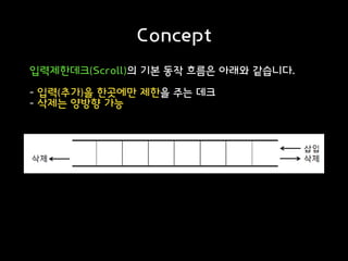 Concept
입력제한데크(Scroll)의 기본 동작 흐름은 아래와 같습니다.
- 입력(추가)을 한곳에만 제한을 주는 데크
- 삭제는 양방향 가능
 