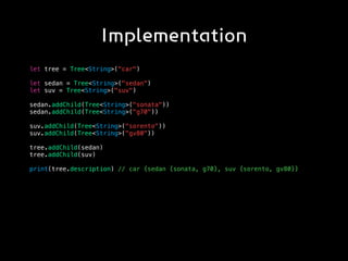 Implementation
let tree = Tree<String>("car")
let sedan = Tree<String>("sedan")
let suv = Tree<String>("suv")
sedan.addChild(Tree<String>("sonata"))
sedan.addChild(Tree<String>("g70"))
suv.addChild(Tree<String>("sorento"))
suv.addChild(Tree<String>("gv80"))
tree.addChild(sedan)
tree.addChild(suv)
print(tree.description) // car {sedan {sonata, g70}, suv {sorento, gv80}}
 
