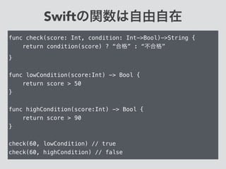 Swiftの関数は自由自在
func check(score: Int, condition: Int->Bool)->String {
return condition(score) ? “合格” : “不合格”
}
!
func lowCondition(score:Int) -> Bool {
return score > 50
}
!
func highCondition(score:Int) -> Bool {
return score > 90
}
!
check(60, lowCondition) // true
check(60, highCondition) // false
 