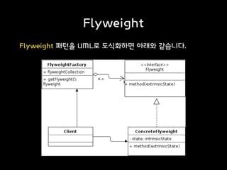 Flyweight
Flyweight 패턴을 UML로 도식화하면 아래와 같습니다.
 