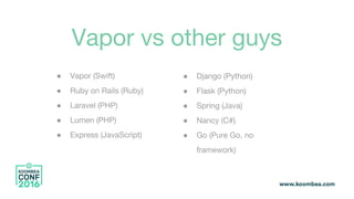 Vapor vs other guys
● Vapor (Swift)
● Ruby on Rails (Ruby)
● Laravel (PHP)
● Lumen (PHP)
● Express (JavaScript)
● Django (Python)
● Flask (Python)
● Spring (Java)
● Nancy (C#)
● Go (Pure Go, no
framework)
 