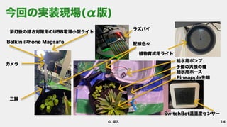 14
0. 導入
カメラ
Belkin iPhone Magsafe
消灯後の暗さ対策用のUSB電源小型ライト
三脚
給水用ポンプ
Pineapple先端
SwitchBot温湿度センサー
予備の大根の種
給水用ホース
配線色々
植物育成用ライト
ラズパイ
今回の実装現場(α版)
 