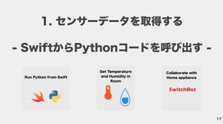 17
1. センサーデータを取得する
- SwiftからPythonコードを呼び出す -
Run Python from Swift
Get Temperature
and Humidity in
Room
Collaborate with
Home appliance
 