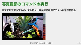 27
2.ラズパイでFirebaseにデータを送る
コマンドを実行すると、プレビュー表示後に画像ファイルが保存される
写真撮影のコマンドの実行
 
