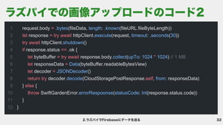 32
2.ラズパイでFirebaseにデータを送る
FirebaseManager.swift
1

2

3

4

5

6

7

8

9

10

11

12
request.body . (fileData, : . (fileURL.fileByteLength))

response httpClient. (request, : . ( ))

httpClient. ()

response.status .ok {

byteBuffer response.body. ( : )
responseData (byteBuffer.readableBytesView)

decoder ()

decoder. (CloudStoragePostResponse. , : responseData)

} {

SwiftGardenError. ( : (response.status.code))

}

}
=
let = try await
try await
if ==
let = try await *
let =
let =
return try self
else
throw
bytes length known
execute timeout seconds 30
shutdown
collect upTo 1024 1024
Data
JSONDecoder
decode from
errorRespoonse statusCode Int
// 1 MB

ラズパイでの画像アップロードのコード2
 