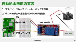 39
3.自動給水を行う
ラズパイ、リレーモジュール、ポンプを使
リレーモジュール経由でON/OFFを制御
12V PS
+ -
5V
Ground
21Pin ON/OFF
relay module
自動給水機能の実装
 