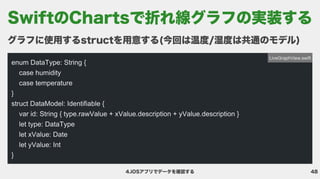 48
4.iOSアプリでデータを確認する
グラフに使用するstructを用意する(今回は温度/湿度は共通のモデル)
enum DataType: String {

case humidity

case temperature

}

struct DataModel: Identifiable {

var id: String { type.rawValue + xValue.description + yValue.description }

let type: DataType

let xValue: Date

let yValue: Int

}
LiveGraphView.swift
SwiftのChartsで折れ線グラフの実装する
 