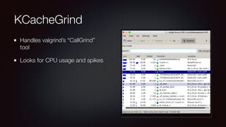KCacheGrind
Handles valgrind’s “CallGrind”
tool
Looks for CPU usage and spikes