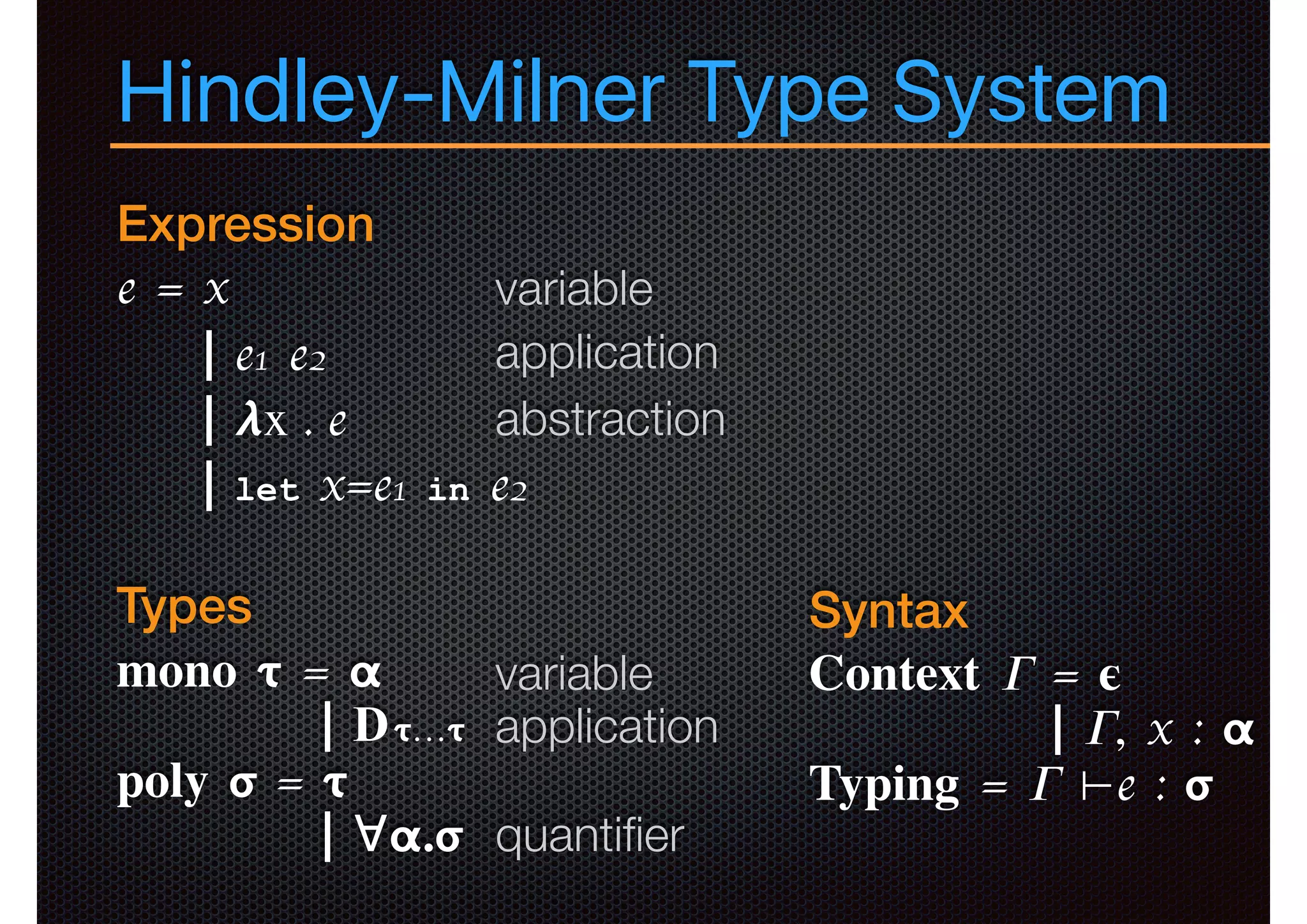 Hindley-Milner Type System
Expression
e = x
| e1 e2
| 𝞴x . e
| let x=e1 in e2
Types
mono 𝞃 = 𝝰
| D𝞃…𝞃
poly 𝞂 = 𝞃
| ∀𝝰.𝞂
variable
application
abstraction
variable
application
quantiﬁer
Syntax
Context 𝛤 = 𝛜
| 𝛤, x : 𝝰
Typing = 𝛤 ⊢e : 𝞂
 