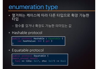 enumeration type
_ p r q
− _l u q p
RG A D O NSN N
0PT S A D O NSN N
public protocol Hashable : Equatable {
var hashValue: Int { get }
}
public protocol Equatable {
@warn_unused_result
func == (lhs: Self, rhs: Self) -> Bool
}
 