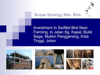 Investment in Swiftlet Bird Nest Farming, in Jalan Sg. Kapal, Bukit Saga, Mukim Penggerang, Kota Tinggi, Johor Scope Synergy Sdn. Bhd. 