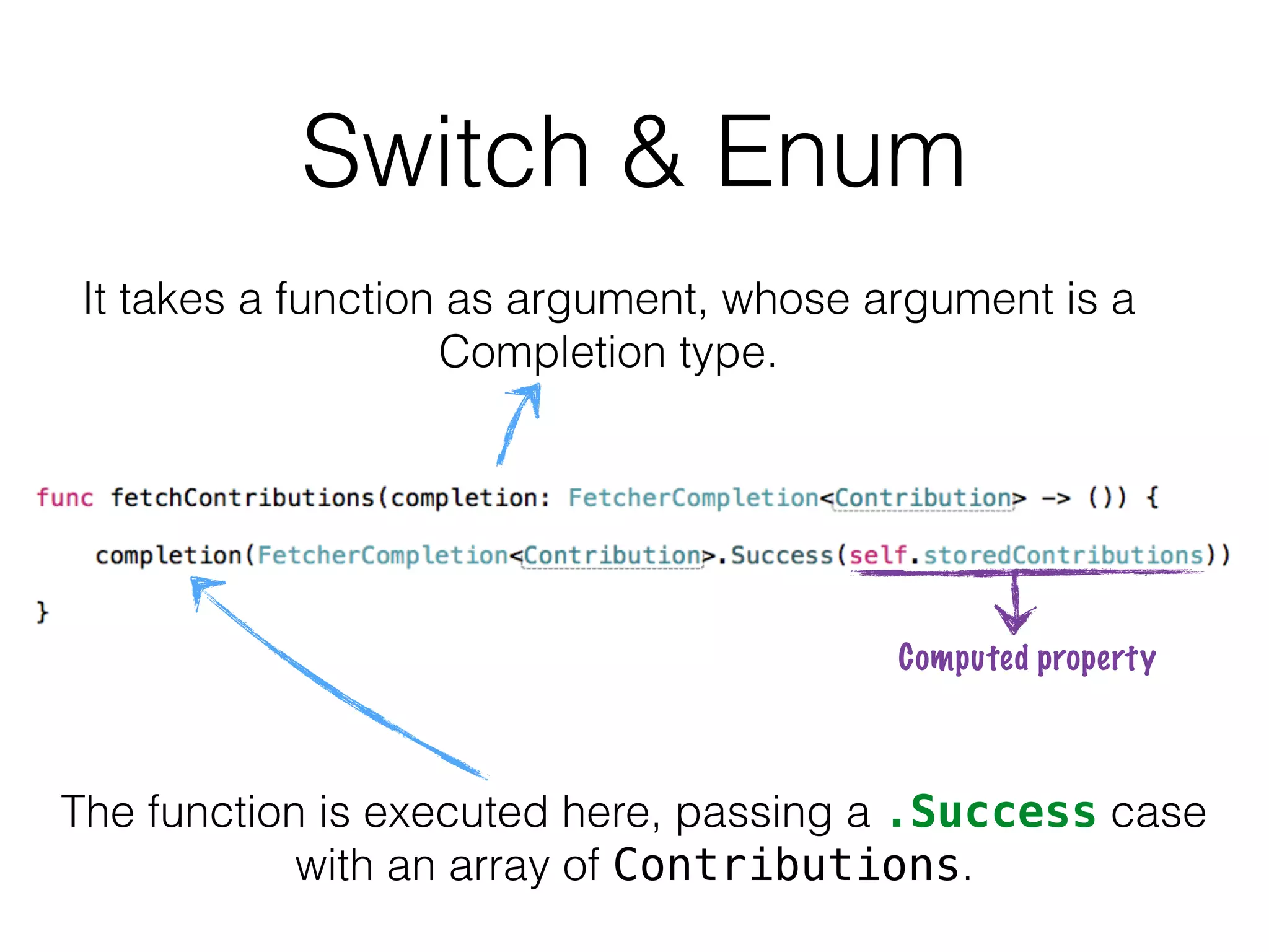 It takes a function as argument, whose argument is a
Completion type.
The function is executed here, passing a .Success case
with an array of Contributions.
Computed property
Switch & Enum
 