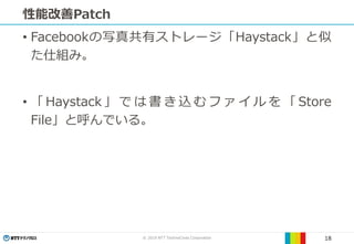 © 2019 NTT TechnoCross Corporation 18
性能改善Patch
• Facebookの写真共有ストレージ「Haystack」と似
た仕組み。
• 「 Haystack 」 で は 書 き 込 む フ ァ イ ル を 「 Store
File」と呼んでいる。
 