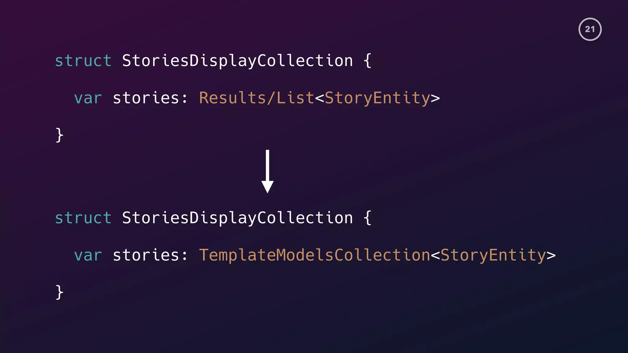 21
struct StoriesDisplayCollection {
var stories: Results/List<StoryEntity>
}
struct StoriesDisplayCollection {
var stories: TemplateModelsCollection<StoryEntity>
}
 