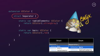12
extension UIColor {
struct Separator {
static var tableElements: UIColor {
return UIColor(.strongGray)
}s
static var bars: UIColor {
return UIColor(.red)
}s
}
}s
Struct Enum
 
