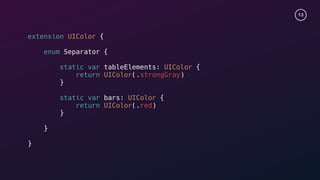 13
extension UIColor {
enum Separator {
static var tableElements: UIColor {
return UIColor(.strongGray)
}s
static var bars: UIColor {
return UIColor(.red)
}s
}
}s
 