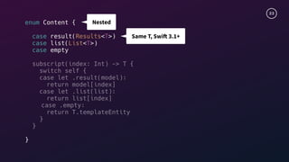 23
enum Content {
case result(Results<T>)
case list(List<T>)
case empty
subscript(index: Int) -> T {
switch self {
case let .result(model):
return model[index]
case let .list(list):
return list[index]
case .empty:
return T.templateEntity
}
}
}
Nested
Same T, Swift 3.1+
 