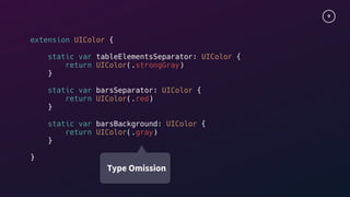 9
extension UIColor {
static var tableElementsSeparator: UIColor {
return UIColor(.strongGray)
}
static var barsSeparator: UIColor {
return UIColor(.red)
}
static var barsBackground: UIColor {
return UIColor(.gray)
}
}
Type Omission
 