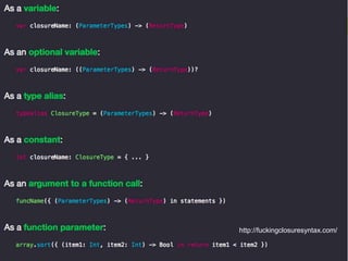 35
Bloques
Blocks vs Closures
http://fuckingclosuresyntax.com/
 