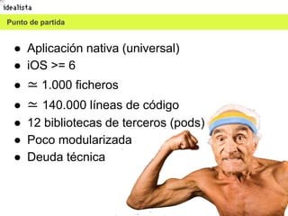 6
● Aplicación nativa (universal)
● iOS >= 6
● ≃ 1.000 ficheros
● ≃ 140.000 líneas de código
● 12 bibliotecas de terceros (pods)
● Poco modularizada
● Deuda técnica
Punto de partida
 