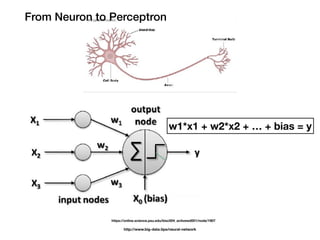 http://www.big-data.tips/neural-network
https://online.science.psu.edu/bisc004_activewd001/node/1907
From Neuron to Perceptron
w1*x1 + w2*x2 + … + bias = y