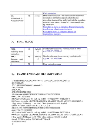 Card transaction
:86:
Information to
Account Owner
O 6*65x Details of transaction - this field contains additional
information on the transaction detailed in the
preceding statement line and which is to be passed on
to the account owner. 6 rows* 65 characters divided
by 4 subfields.
Click here to move to formatted details for domestic
transfers and other transaction types.
Click her to move to formatted details for
international transfers.
3.3 FINAL BLOCK
:90D:
Summary debit
transaction
O 5n3!a15
d
Number of transactions, currency, total of debits
e.g.:90D:4PLN5782,64
:90C:
Summary credit
transaction
O 5n3!a15
d
Number of transactions, currency, total of credit
e.g.:90C:1PLN9600,00
-} M Final mark of message
3.4 EXAMPLE MESSAGE FILE SWIFT MT942
{1:F01BPHKPLPKXXXX0506100744}{2:I942AAASTHB1XXXXN}{4:
:20:TECHMIX
:25:PL89106000760000321000006053
:28C:00001/001
:34F:PLN0,
:13D:0506100744+0200
:61:0506100610D93,17FMSCNONREF//6127001795151001
6006127001795151001
:86:Przelew MultiCash+ Nr rach org pod 69 1010 1270 0004 5922 2100 0
000 Nazwa org.podat URZAD SKARBOWY KRAKOW STARE MIASTO GRODZKA 6
5 Typ identyf. N Id.uzup 1230819862 Okres platnosci 02M10 Symbol
formul. PIT Ident. zobow DECYZJA RYCZALT
:61:0506100610D93,16FMSCNONREF//2700179510100001
600612700179510100001
:86:Przelew MultiCash+ Nr rach org pod 69 1010 1270 0004 5922 2100 0
000 Nazwa org.podat URZAD SKARBOWY KRAKOW STARE MIASTO GRODZKA 6
5 Typ identyf. N Id.uzup 1230819862 Okres platnosci 02M10 Symbol
formul. PIT Ident. zobow DECYZJA RYCZALT
:90D:2PLN186,33
-}
 