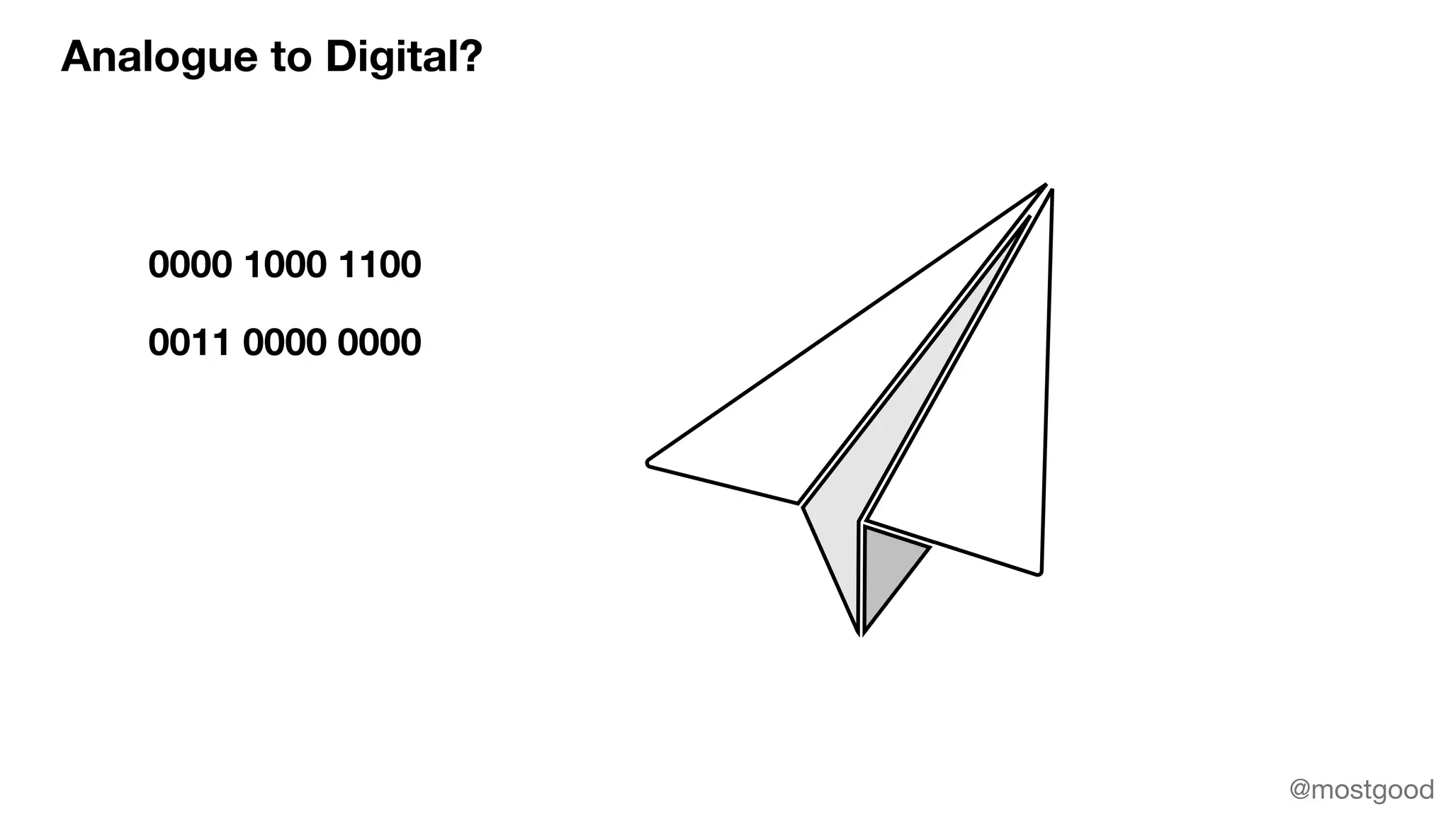 Analogue to Digital?
0000 1000 1100
0011 0000 0000
@mostgood
 
