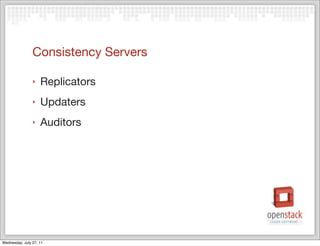 Consistency Servers

                ‣   Replicators
                ‣   Updaters
                ‣   Auditors




Wednesday, July 27, 11
 